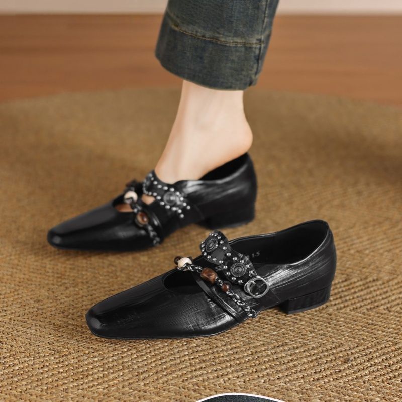 Damen elegante quadratische Mules mit niedrigem Blockabsatz, Zierriemen und Perlenapplikation Drune