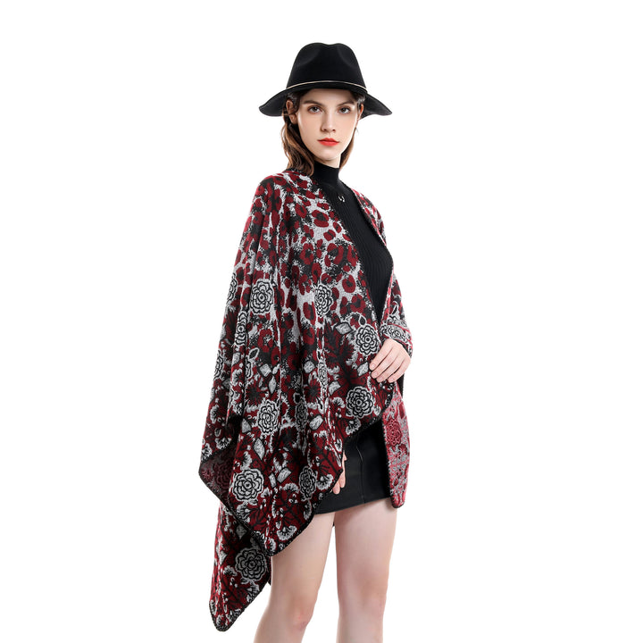 Damen Jacquard-Überwurfponcho im kastigen Kimono-Fall mit floral-animalischem Muster Drune