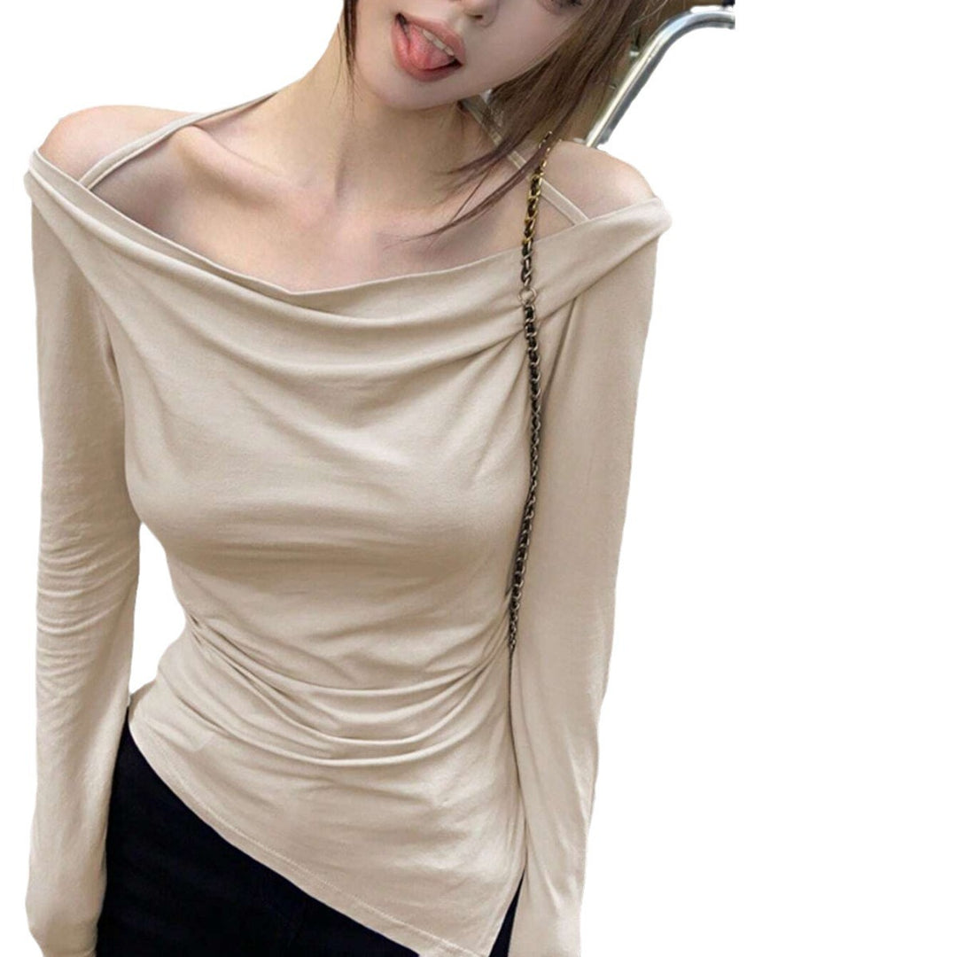 Damen schulterfreies Cowl-Longsleeve mit feinen Spaghettiträgern und sculptender Taillenpassform Drune