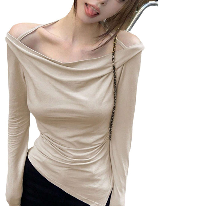 Damen schulterfreies Cowl-Longsleeve mit feinen Spaghettiträgern und sculptender Taillenpassform Drune