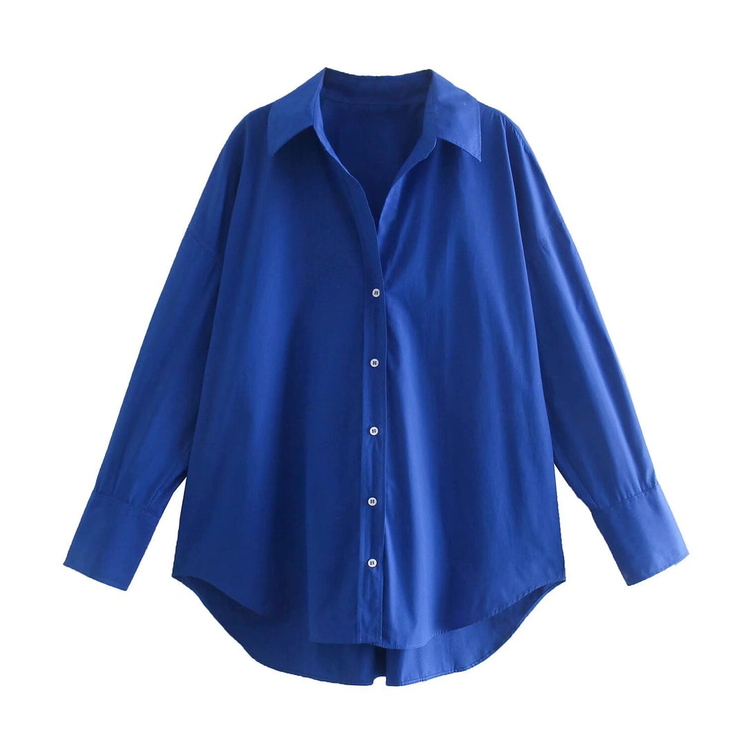 Damen nan oversized Longbluse mit Kentkragen, durchgehender Knopfleiste und abgerundetem Saum Drune