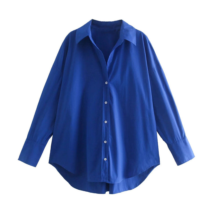 Damen nan oversized Longbluse mit Kentkragen, durchgehender Knopfleiste und abgerundetem Saum Drune