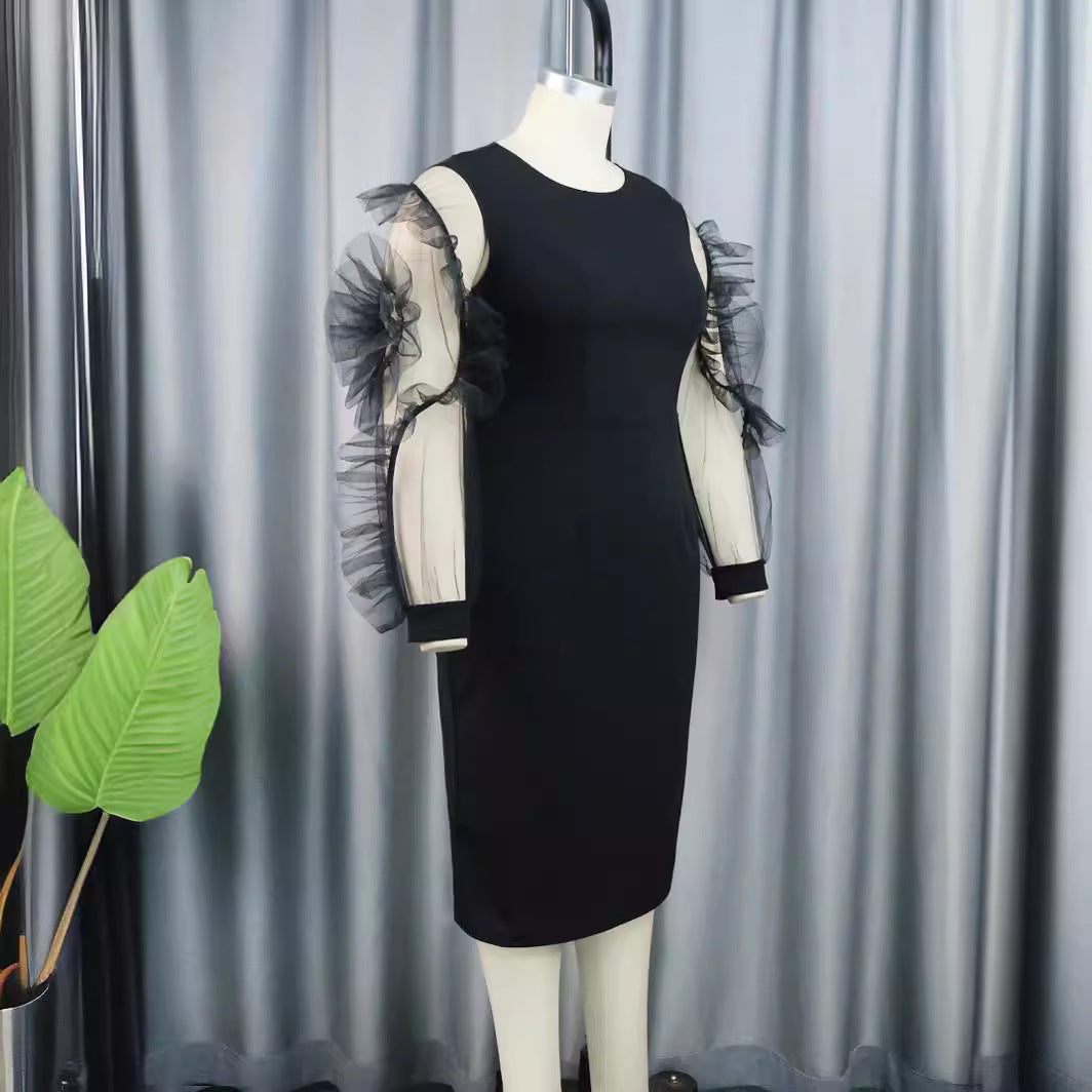 Damen Etuikleid mit voluminösen transparenten Puffärmeln Drune