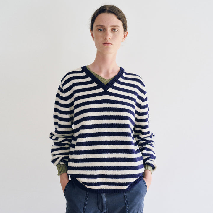 Damen V-Ausschnitt Pullover mit Streifenmuster Drune