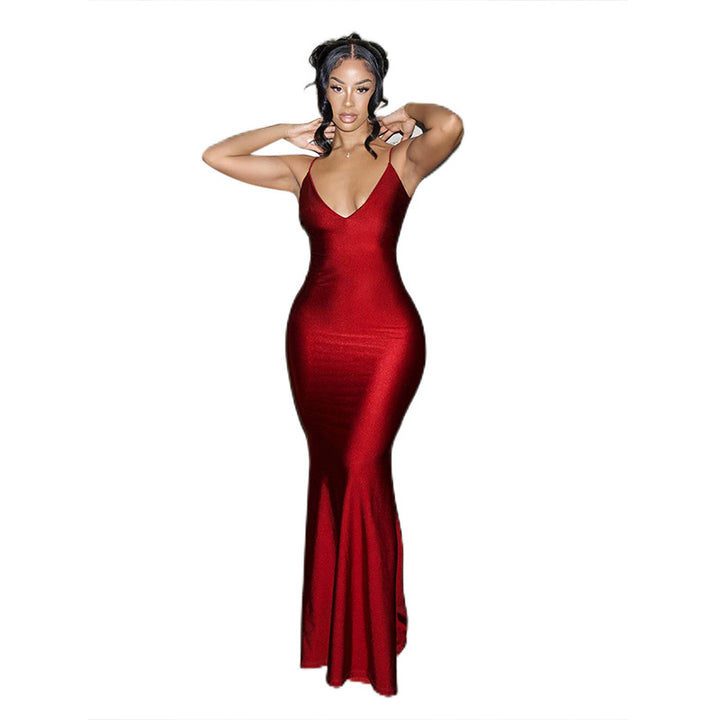 Damen elegantes figurbetontes Abendkleid mit Spaghettiträgern und fließendem Schnitt Drune