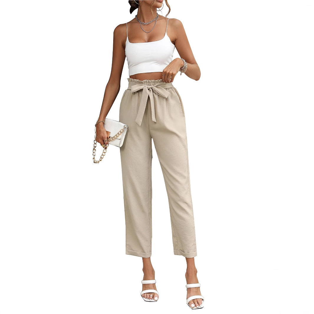 Damen elegante Locker sitzende Hose mit Taillenbindung Drune