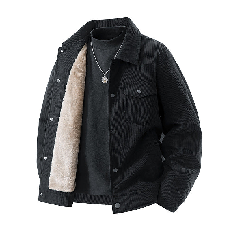 Männliche -Cord-Jacke mit Kunstschafsleder-Futter und Druckknopfverschluss Drune