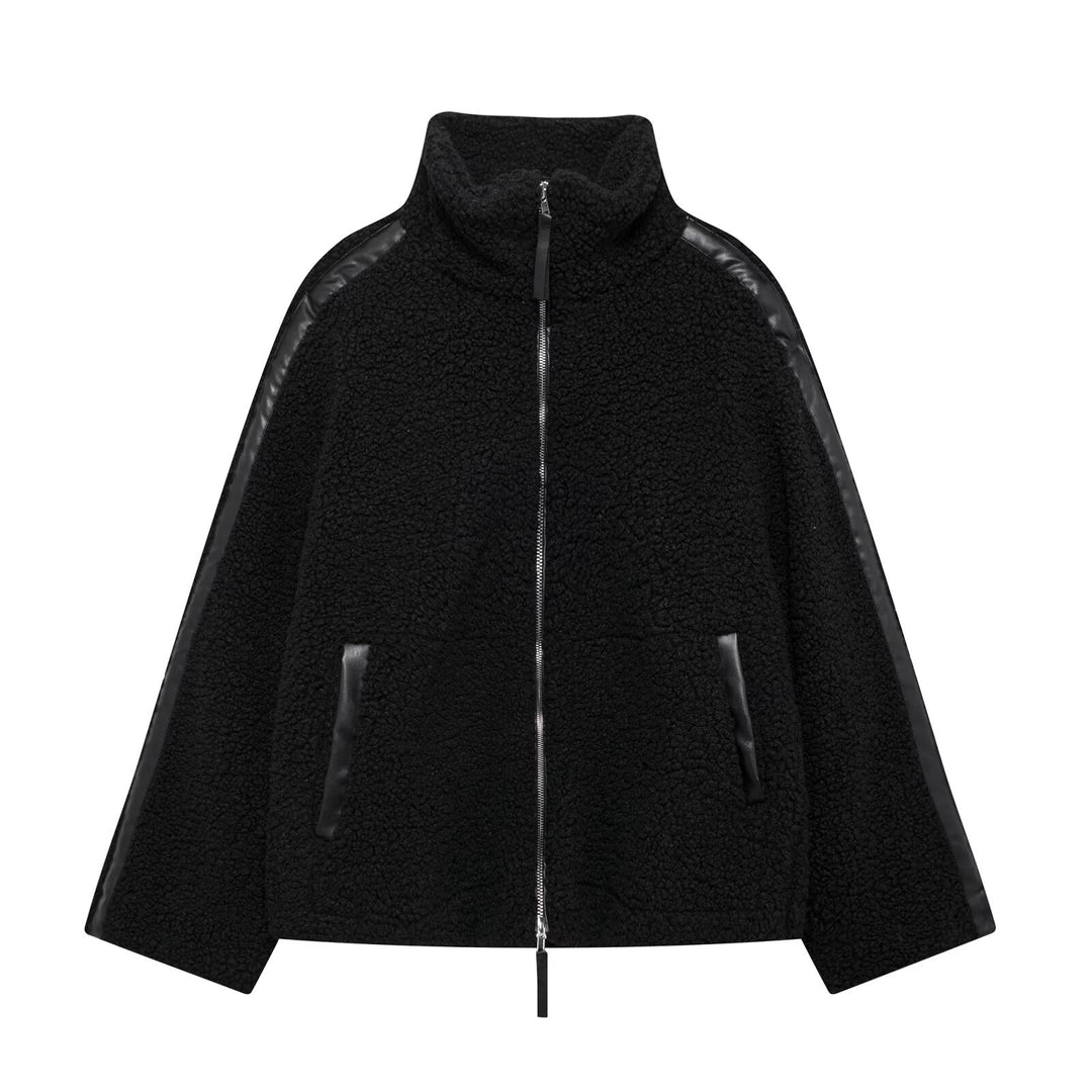 Damen Teddy-Fleece-Jacke mit Stehkragen und Lederoptik-Details Drune