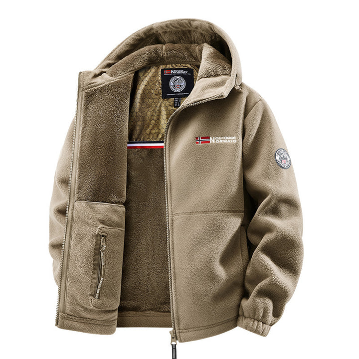Herren Kuschelige Fleece‑Kapuzenjacke mit Teddyfutter, windabweisend und Reißverschlusstaschen Drune