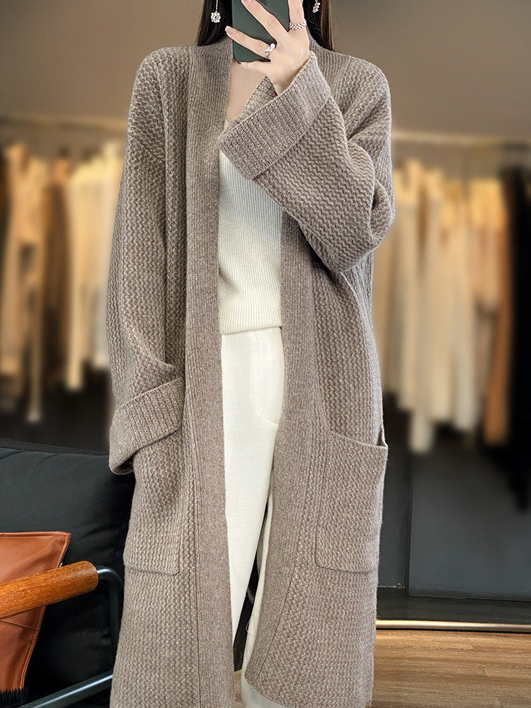 Damen Langer Oversize-Strickcardigan mit Strukturmuster und aufgesetzten Taschen Drune
