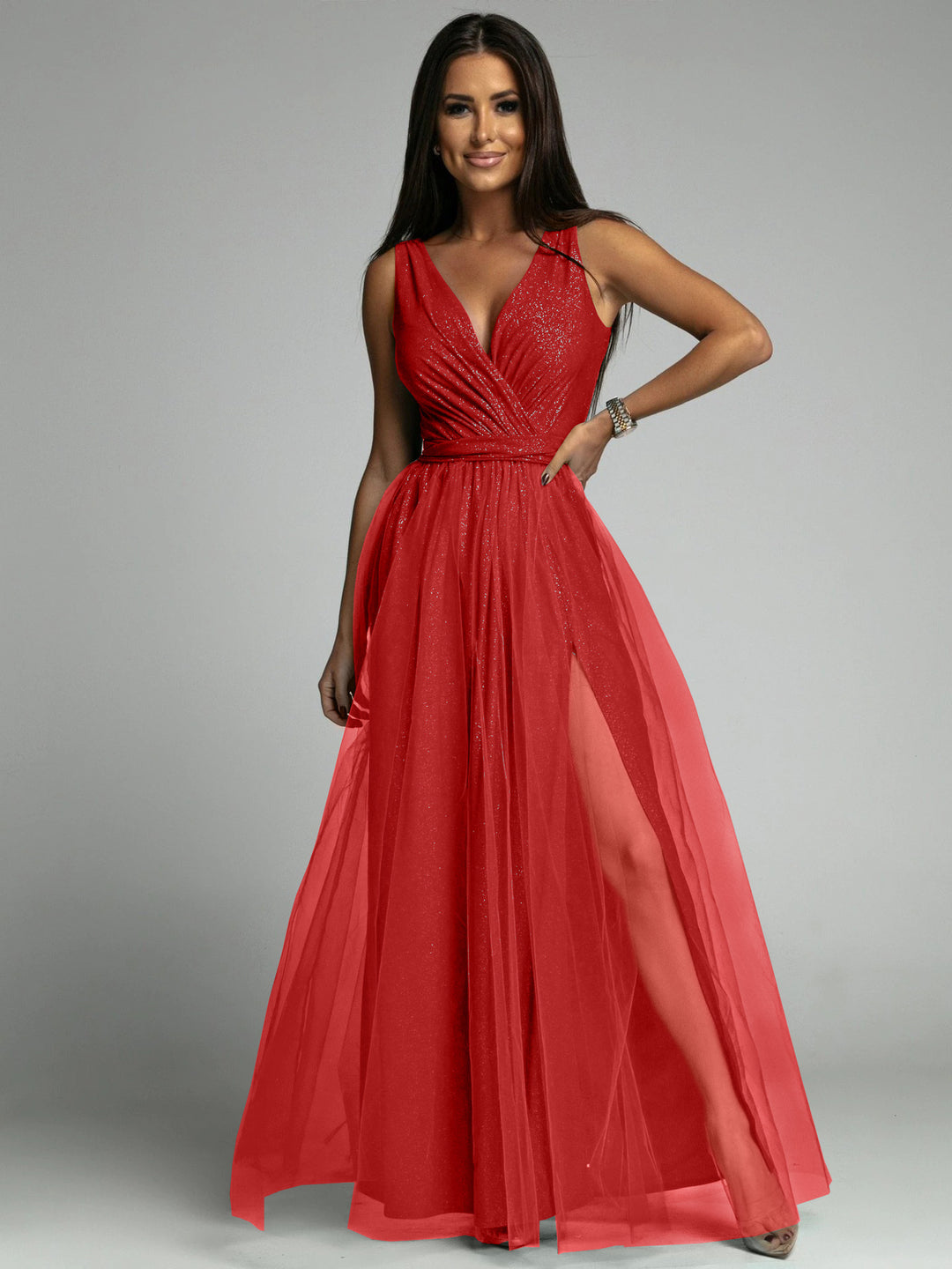 Damen Maxiabendkleid mit verführerischem Schlitz und funkelndem Obermaterial Drune