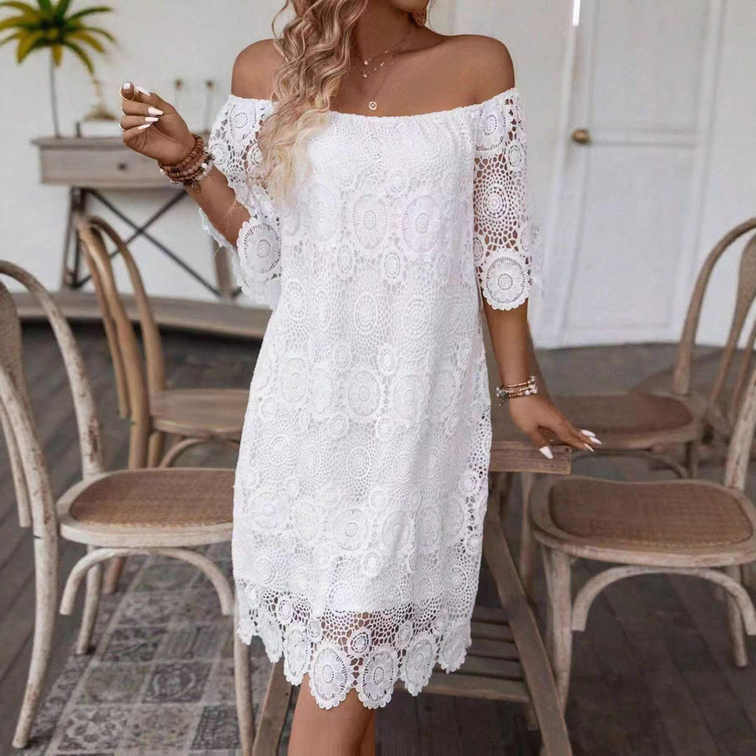 Damen nan schulterfreies Häkel-Midikleid mit Carmen-Ausschnitt und floraler Spitzenbordüre Drune