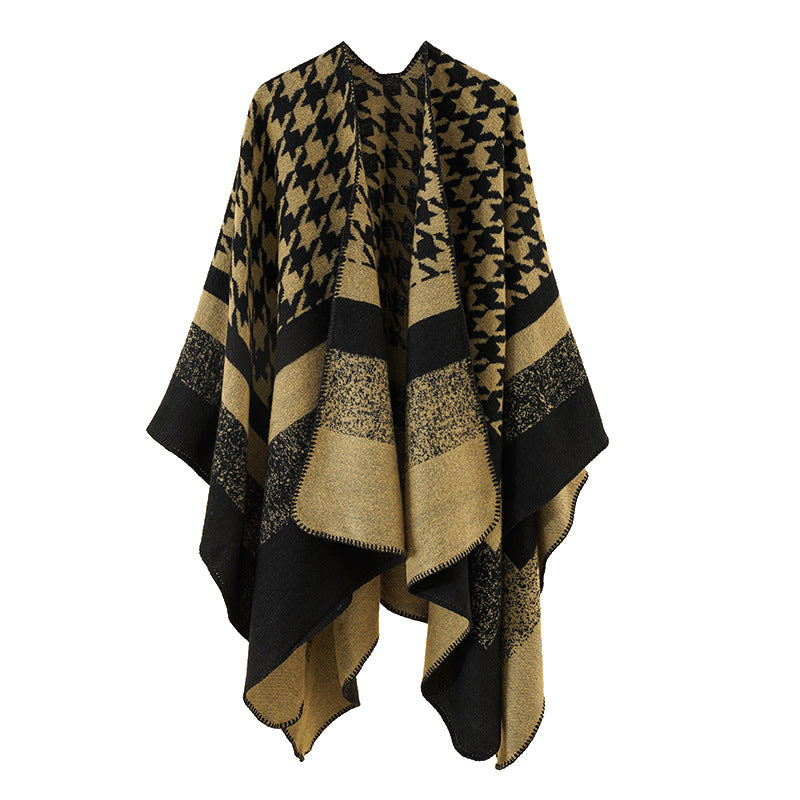 Damen Oversize‑Ruana‑Poncho aus Wollmix mit Hahnentritt- und Blockjacquard Drune