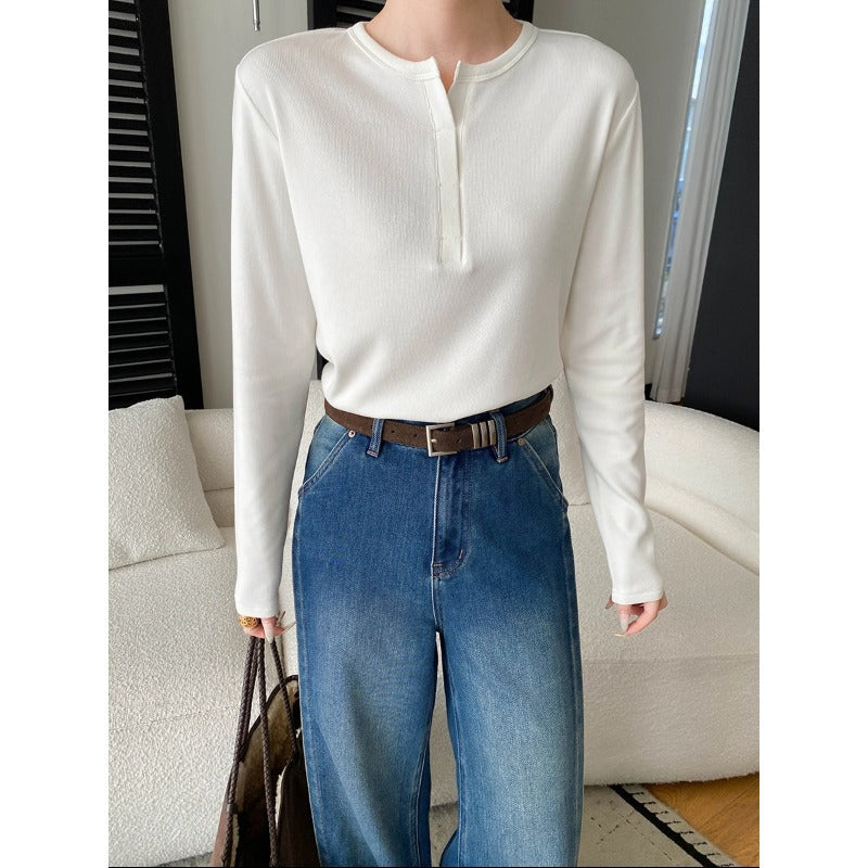 Damen langärmliges Henley-Oberteil mit elegantem V-Ausschnitt und feiner Rippstruktur Drune