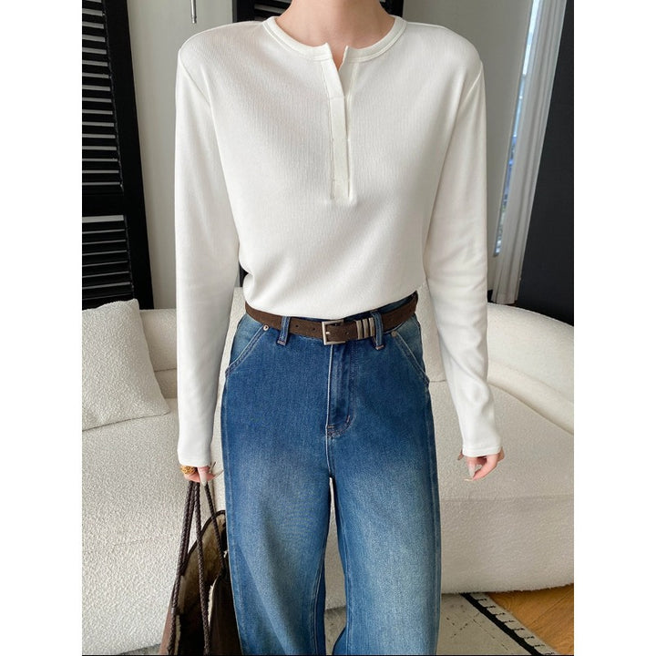 Damen langärmliges Henley-Oberteil mit elegantem V-Ausschnitt und feiner Rippstruktur Drune