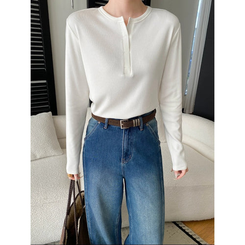 Damen langärmliges Henley-Oberteil mit elegantem V-Ausschnitt und feiner Rippstruktur Drune