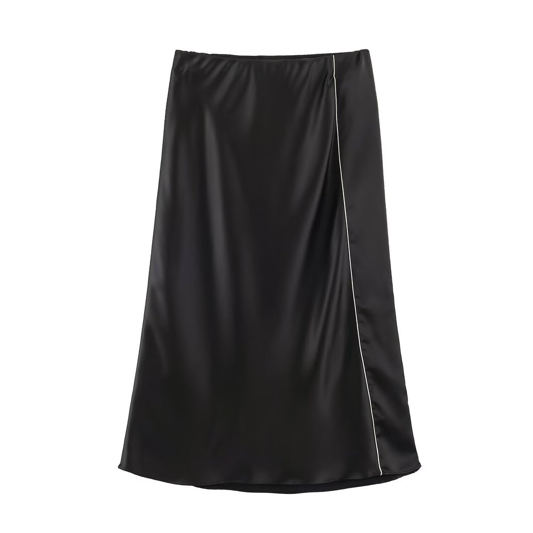 Damen Satin-Midirock mit seitlicher Überlappung und Kontrastpaspel Drune