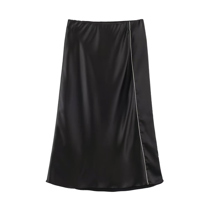 Damen Satin-Midirock mit seitlicher Überlappung und Kontrastpaspel Drune
