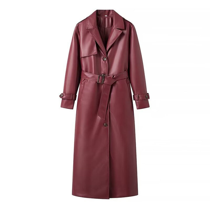 Damen nan langer veganer Trenchcoat aus Lederimitat mit Schalkragen, Bindegürtel und verstellbaren Ärmelriegeln Drune
