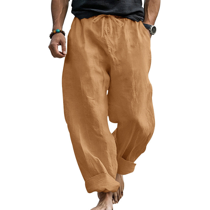 Herren Locker geschnittene Leinen-Loungehose mit Kordelzug, Umschlagsaum und Taschen Drune