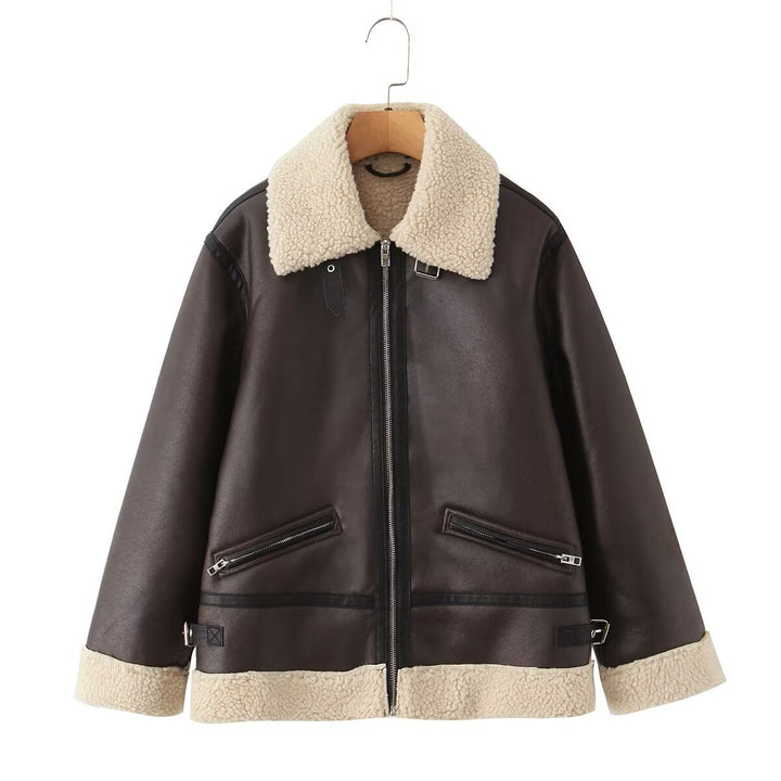 Damen Oversize-Fliegerjacke aus Kunstleder mit Teddykragen und Zipper-Taschen Drune