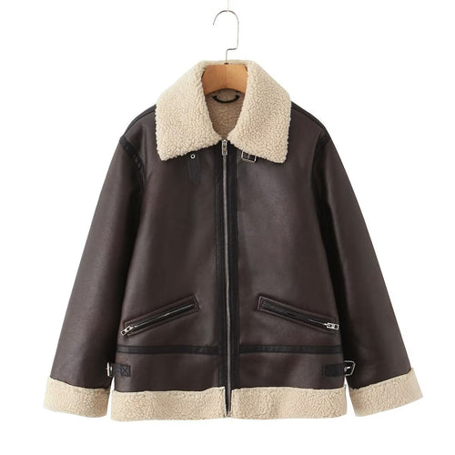 Damen Oversize-Fliegerjacke aus Kunstleder mit Teddykragen und Zipper-Taschen Drune