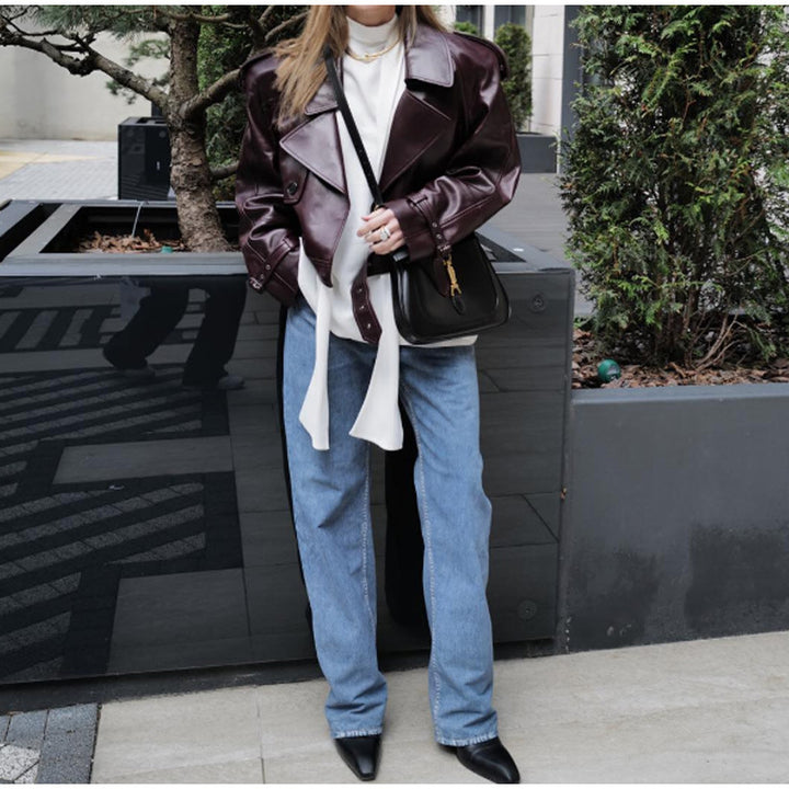 Damen Trendige Kunstlederjacke mit breiten Schultern und klassischem Kragen Drune