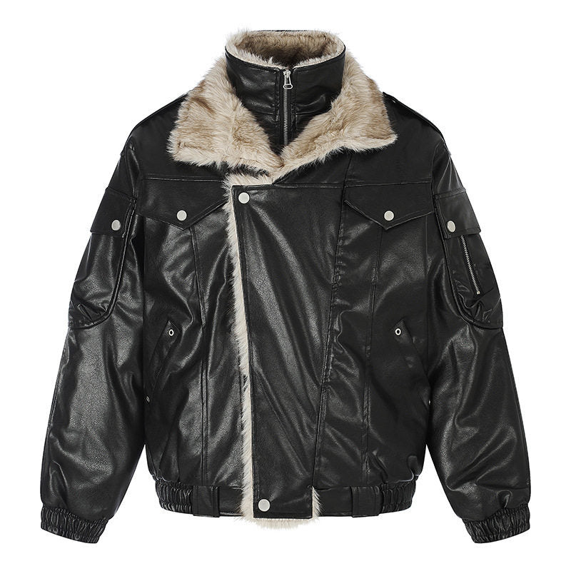 Damen Oversize Kunstleder-Fliegerjacke mit Teddyfutter und Stehkragen Drune