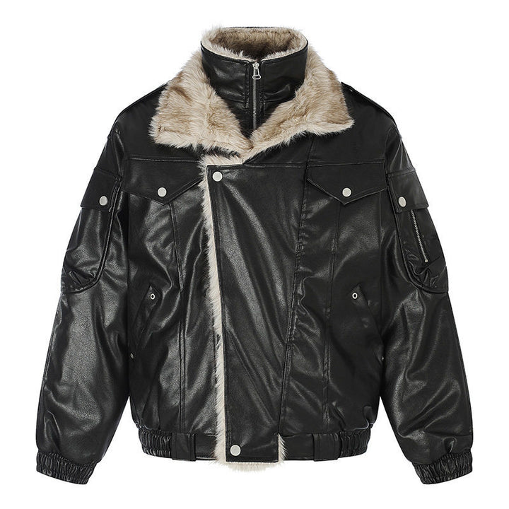 Damen Oversize Kunstleder-Fliegerjacke mit Teddyfutter und Stehkragen Drune