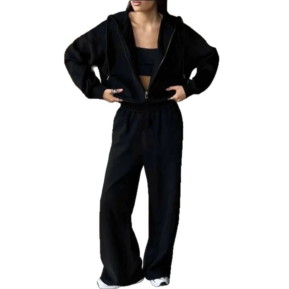 Damen Lässiges Kapuzen‑Sweatset mit Reißverschluss und weitem Jogger‑Schnitt Drune