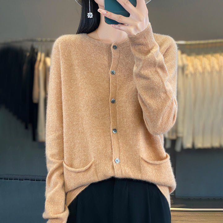 Damen Langer Feinstrick-Cardigan mit Rundhalsausschnitt, Eingrifftaschen und Alpaka-Mix Drune
