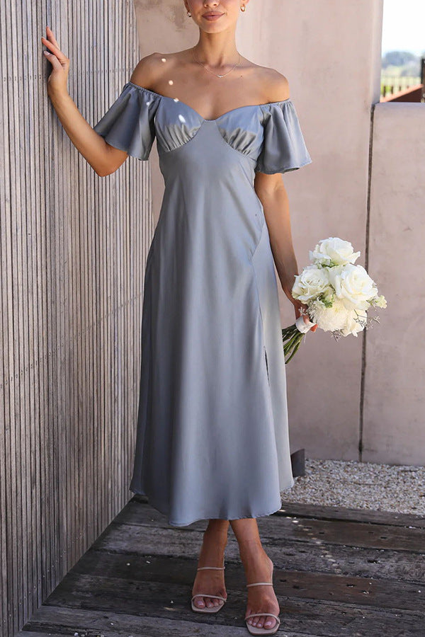 Damen Off-Shoulder Midi-Kleid mit voluminösen Ärmeln und eleganten Akzenten Drune