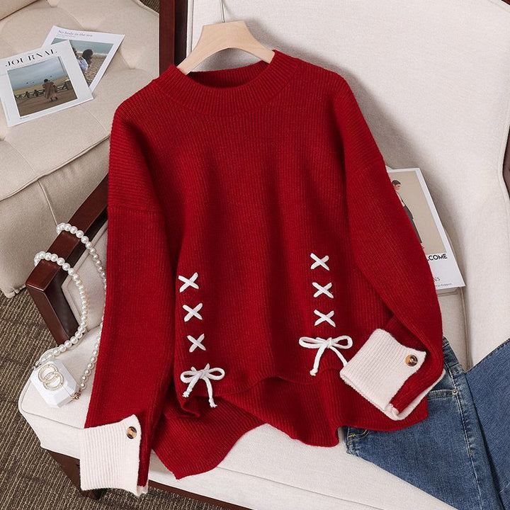 Damen Grobstrickpullover mit verspielten Schnür-Details Drune
