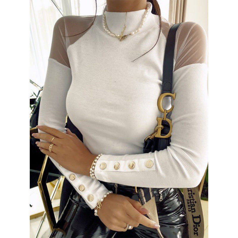 Damen Langarmshirt mit transparenten Ärmeln und Knopfdetails Drune