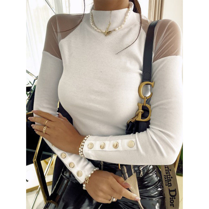 Damen Langarmshirt mit transparenten Ärmeln und Knopfdetails Drune