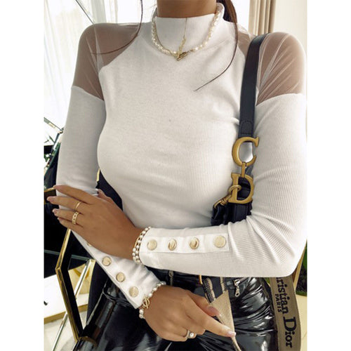 Damen Langarmshirt mit transparenten Ärmeln und Knopfdetails Drune