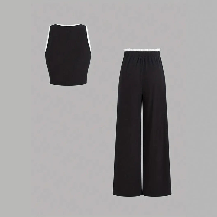 Damen stylishes Sport-Set mit hoch taillierter Weitbein-Hose und sportlichem Bustier Drune