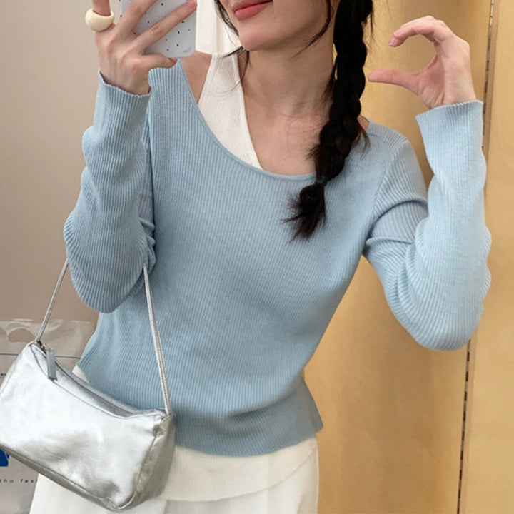 Damen lässiger V-Ausschnitt Strickpullover mit kontrastrierendem Saum Drune