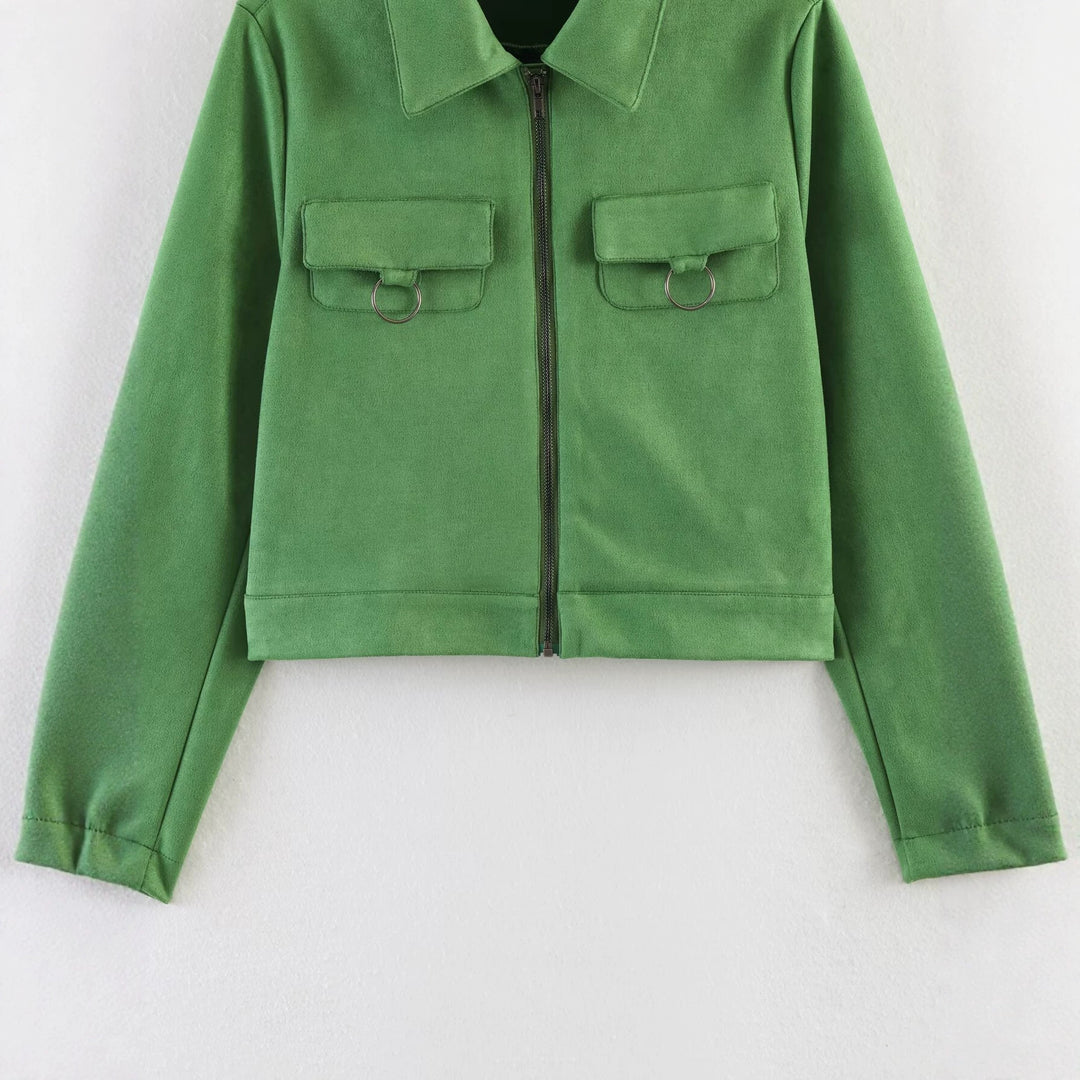 Damen Kurzjacke im Utility-Stil aus Veloursleder-Optik mit Brusttaschen und Metallringen Drune