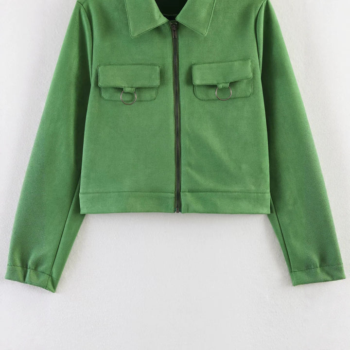 Damen Kurzjacke im Utility-Stil aus Veloursleder-Optik mit Brusttaschen und Metallringen Drune