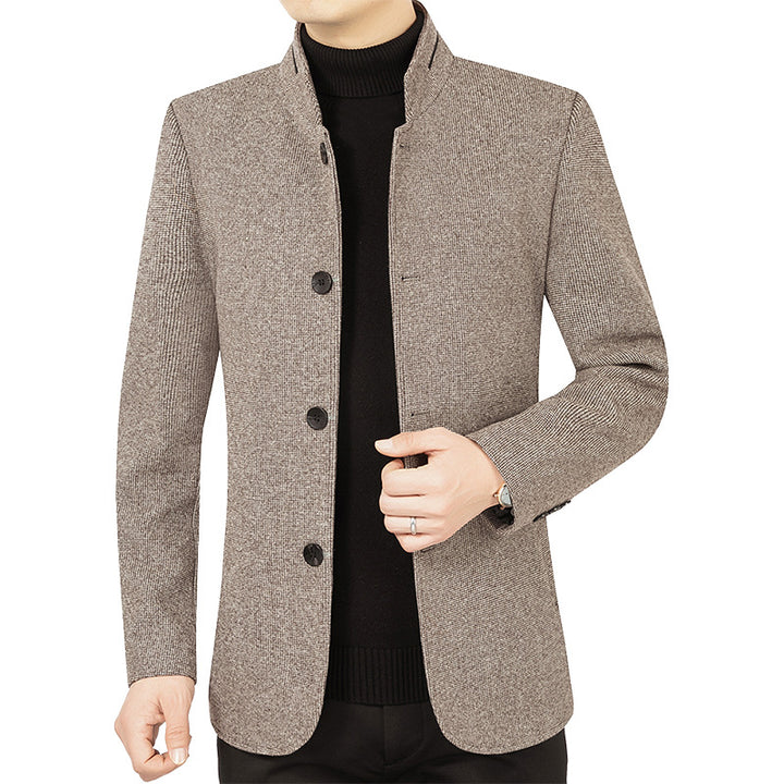 Herren Moderner taillierter Mantel mit Stehkragen und Knopfleiste aus Wollmix Drune
