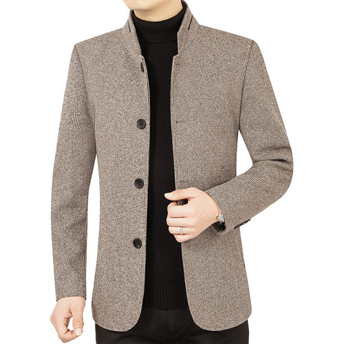 Herren Moderner taillierter Mantel mit Stehkragen und Knopfleiste aus Wollmix Drune