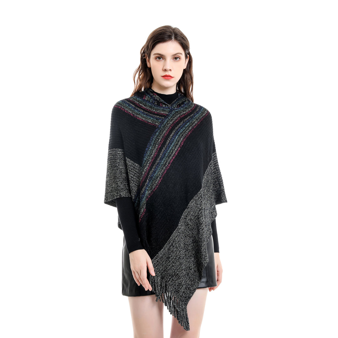 Damen Kapuzen-Poncho im Grobstrick mit Fransensaum Drune