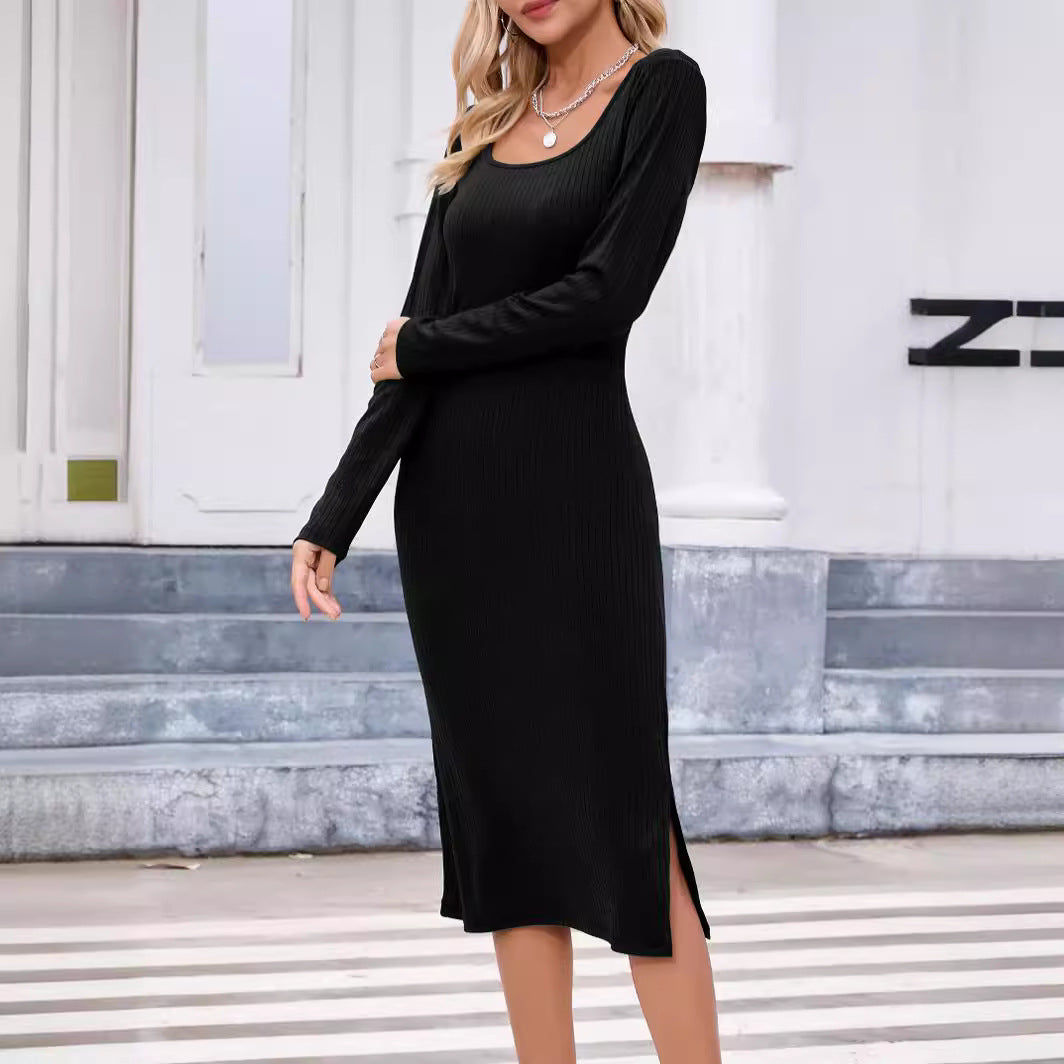 Damen Figurbetontes Geripptes Midikleid mit U-Ausschnitt Drune
