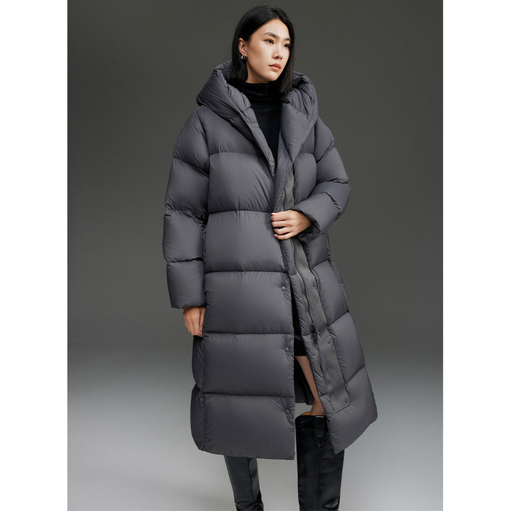Damen Lange gesteppte Daunenparka mit Kapuze und Thermoisolierung Drune