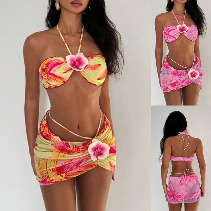 Damen Bandeau-Bikini mit floralem Design und Wickelrock Drune