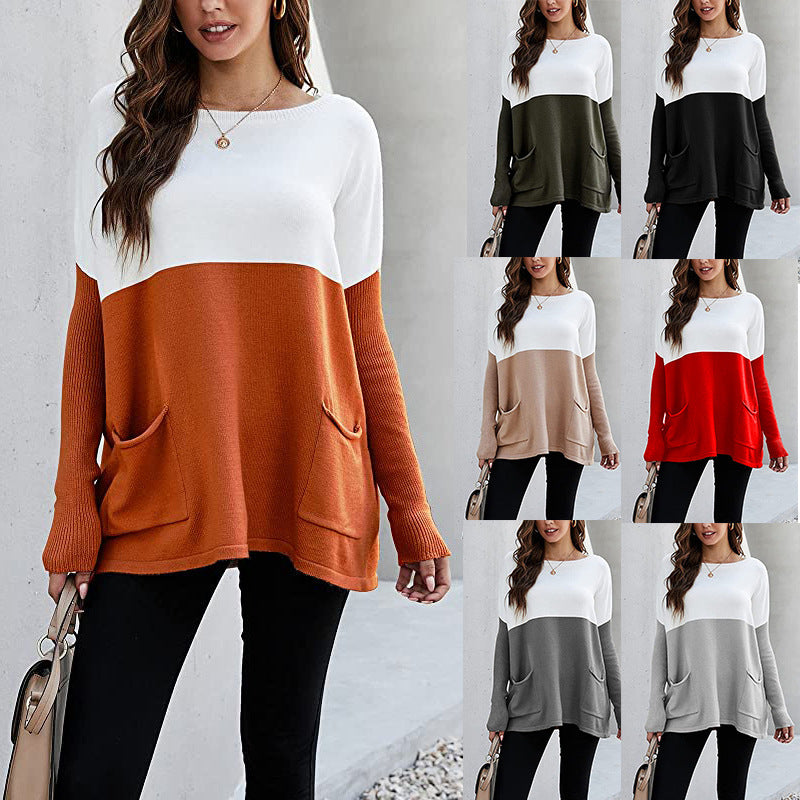 Damen Strickpullover mit großen Fronttaschen und kontrastiertem Design Drune