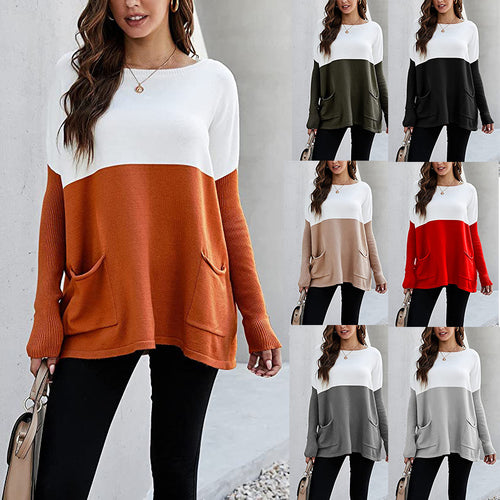 Damen Strickpullover mit großen Fronttaschen und kontrastiertem Design Drune