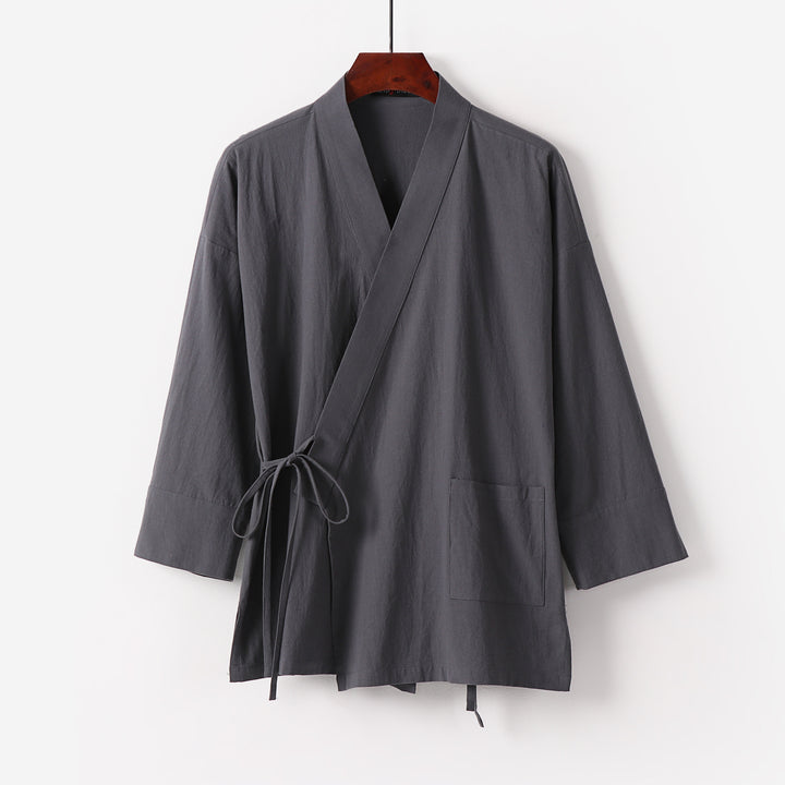 Damen Kimono-Cardigan aus Baumwoll-Leinen mit dreiviertelärmeln Bindegürtel und aufgesetzten Taschen Drune