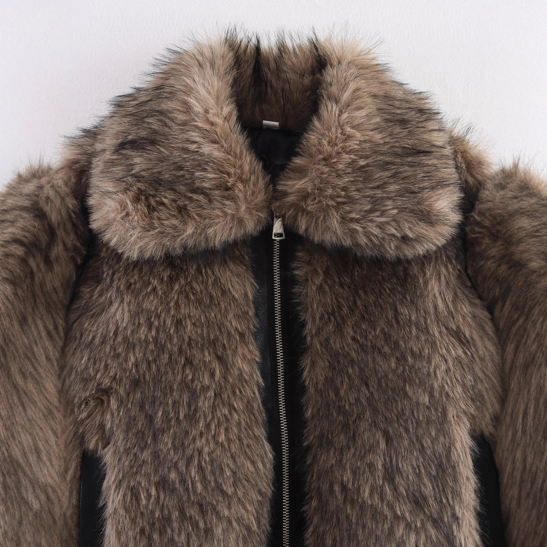 Damen Kurze Faux-Fur Bomberjacke mit Reißverschluss und Rippsaum Drune